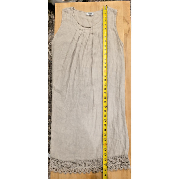 Rosemarne Linen Sheath Dress Medium Crocheted Hem Italian Beige Coastal Casual - Picture 4 of 9
